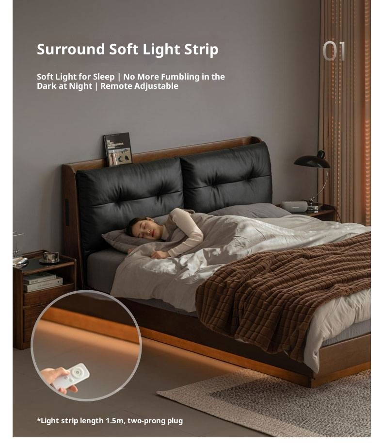 Oak Solid Wood Luxury Genuine Leather Box Bed