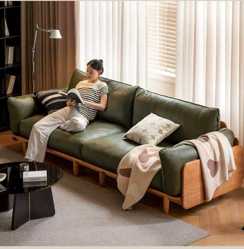 Cherry Wood Contemporary Casual Sofa Genuine Leather, Fabric