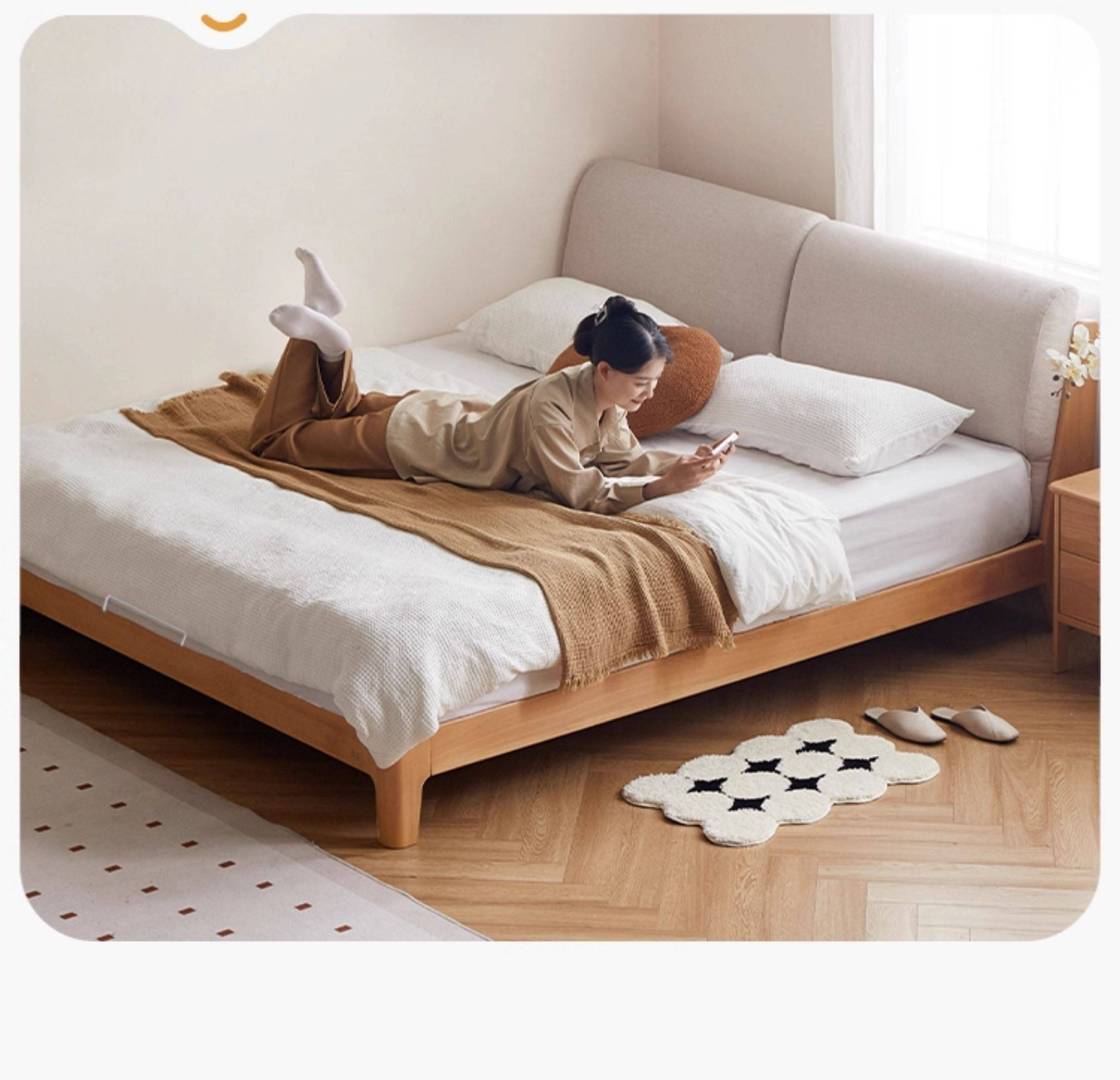 Beech Solid Wood Upholstered King Bed — Soft Headboard with Fabric Upholstery