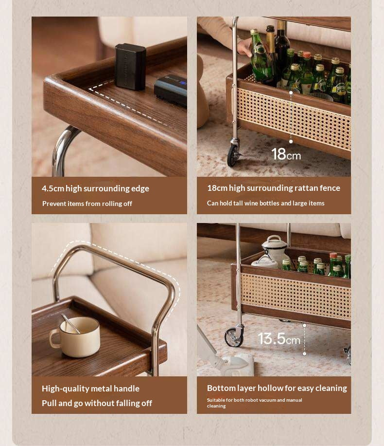 Oak Solid Wood Side Table with Double Layer Storage and Mobile Trolley