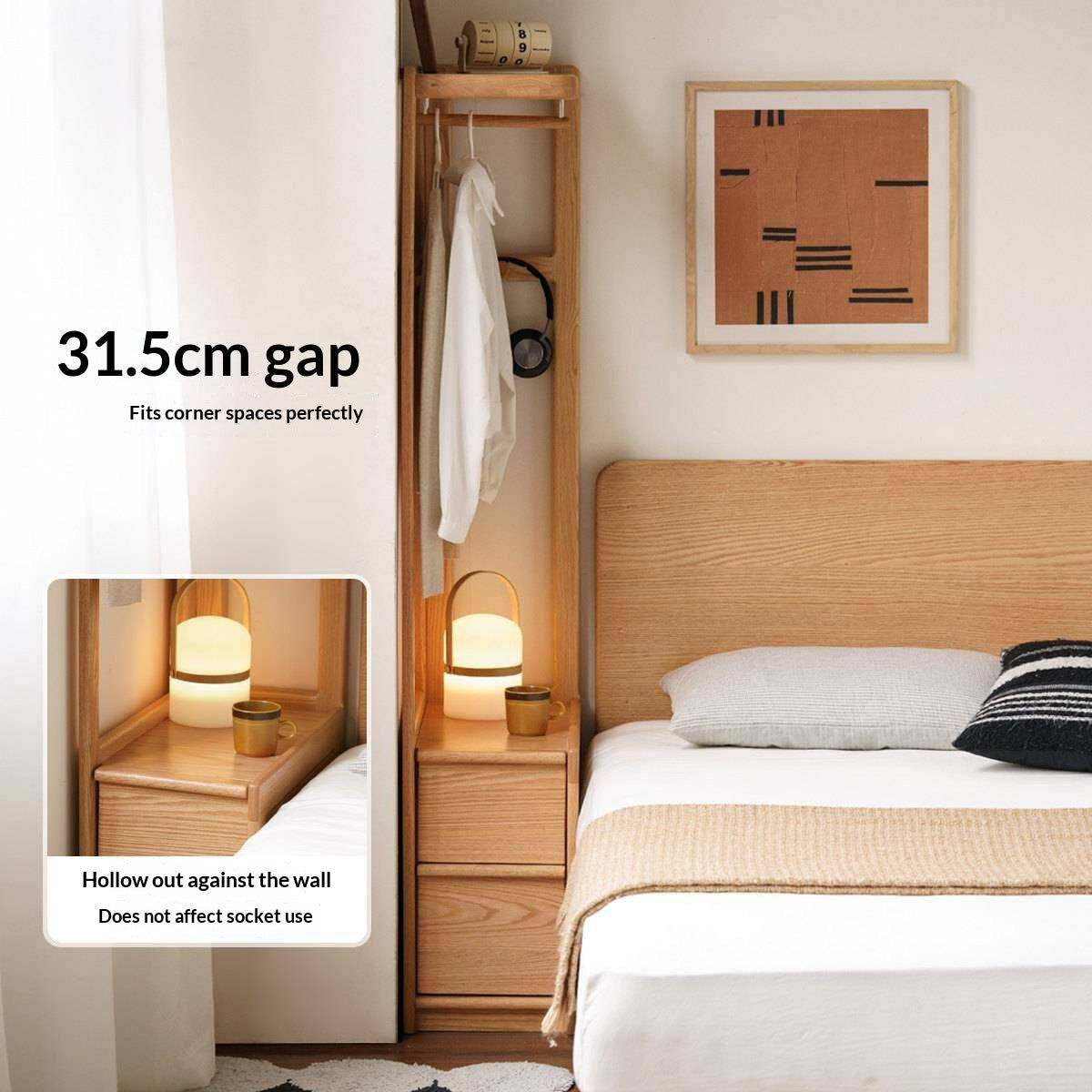 Oak Solid Wood Corner Valet Stand with Garment Rail and Storage Drawers