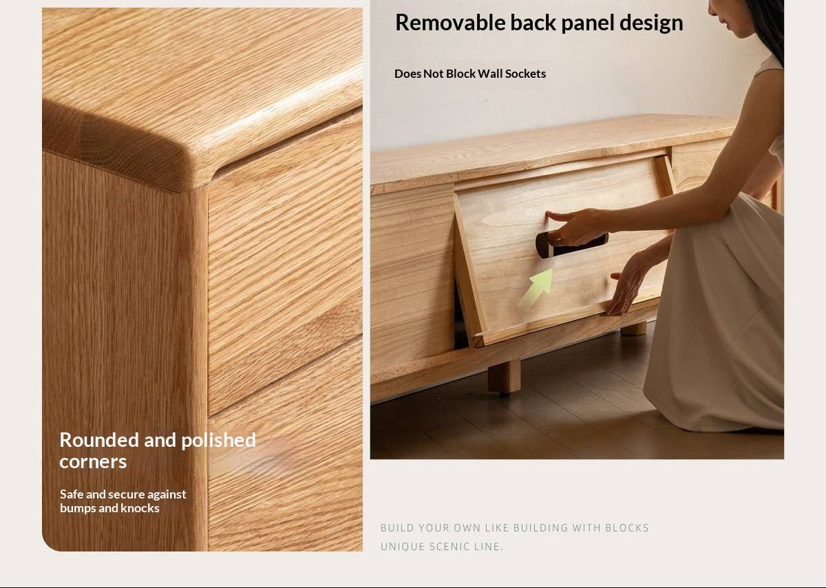 Oak Solid Wood TV Console with Ribbed Sliding Doors and Open Shelving