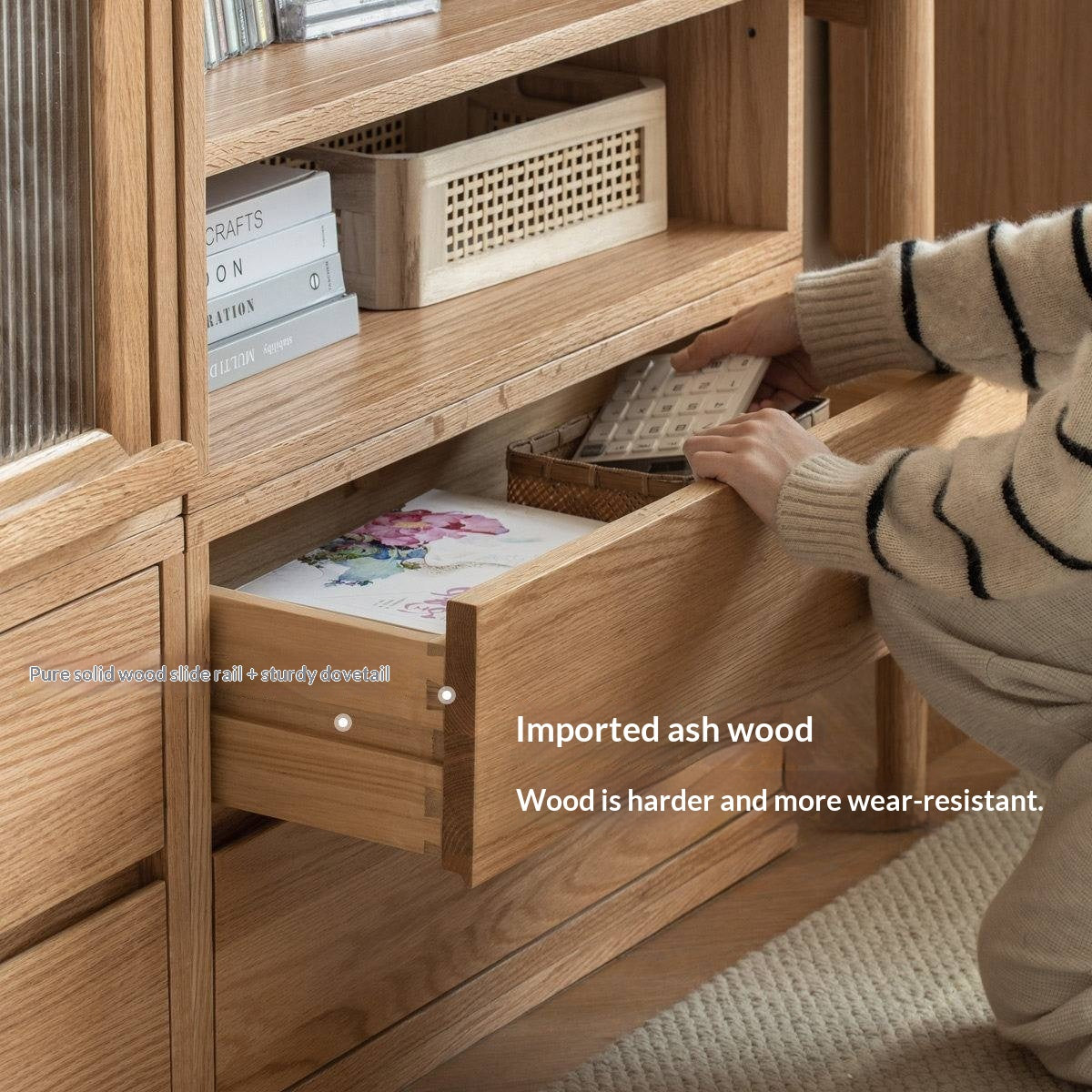 Ash Solid Wood Modern TV Cabinet with Freely Combineable Bookshelf and Storage