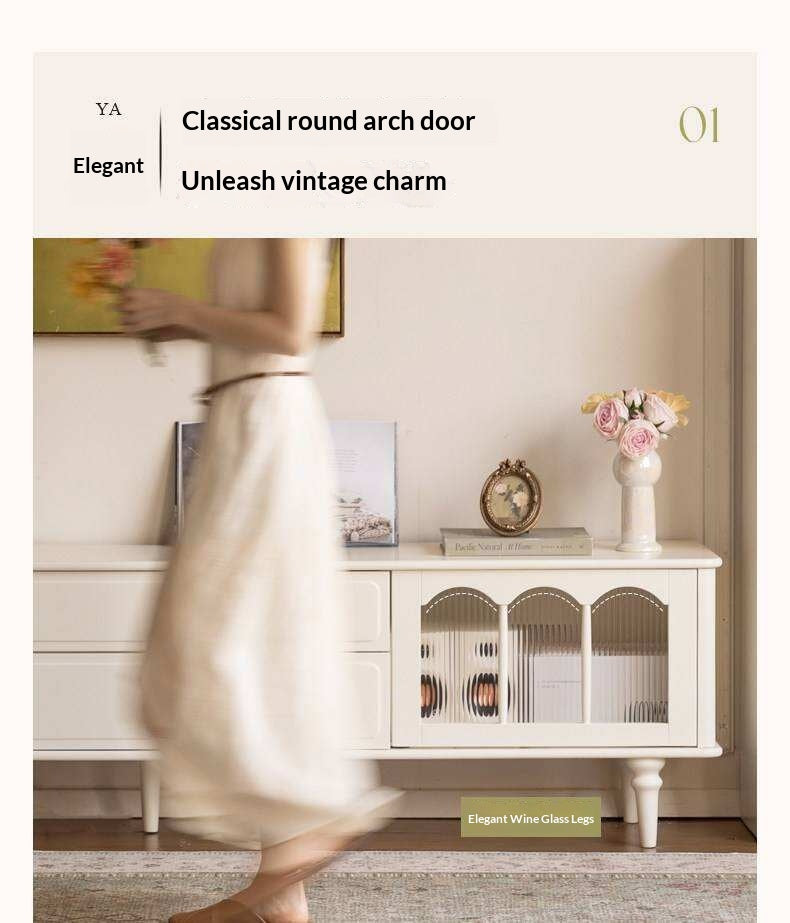 Solid Rubberwood TV Cabinet French Cream Style and Integrated Storage