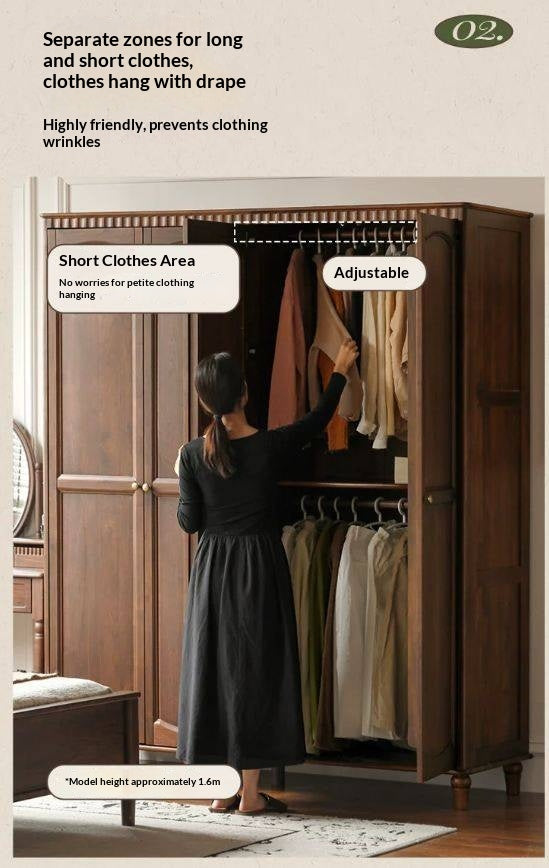 Black Walnut Solid Wood Wardrobe with American Retro Style and Light Luxury Finish