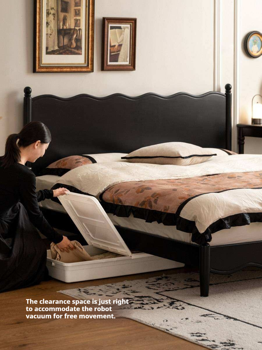 Rubberwood Solid Wood French Style Bed with Black Carved Headboard and Elegant Curved Frame