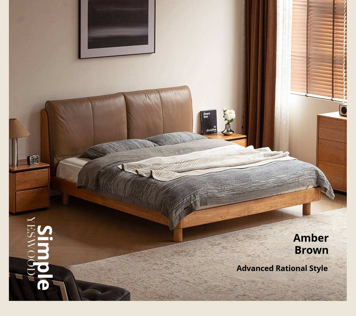 Cherry Solid Wood Bed with Genuine Leather Upholstered Headboard and LED Lighting