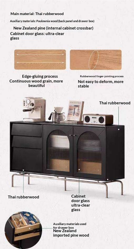 Solid Rubberwood French Retro Sideboard Black Glass