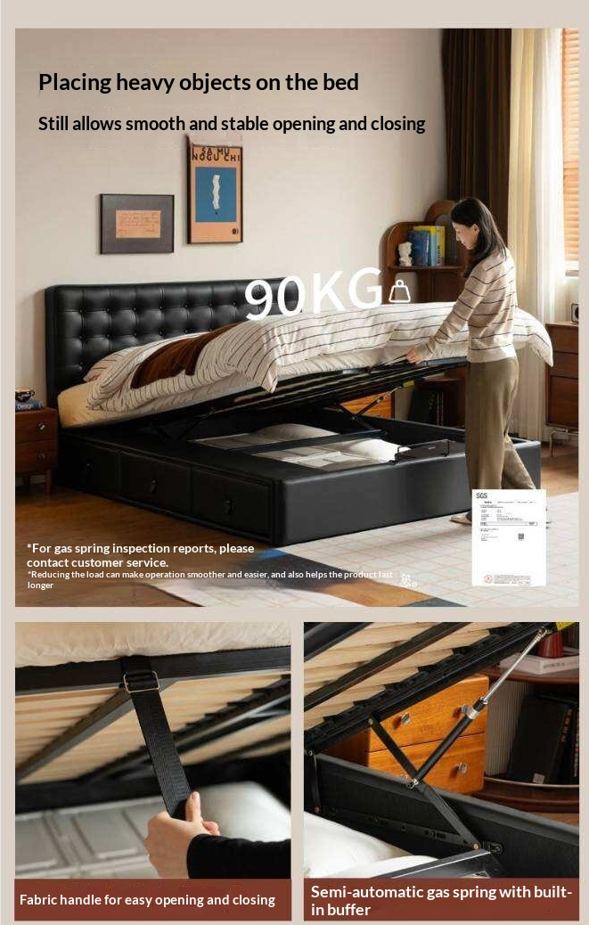 Genuine Leather Hydraulic Lift Storage Bed with Drawers