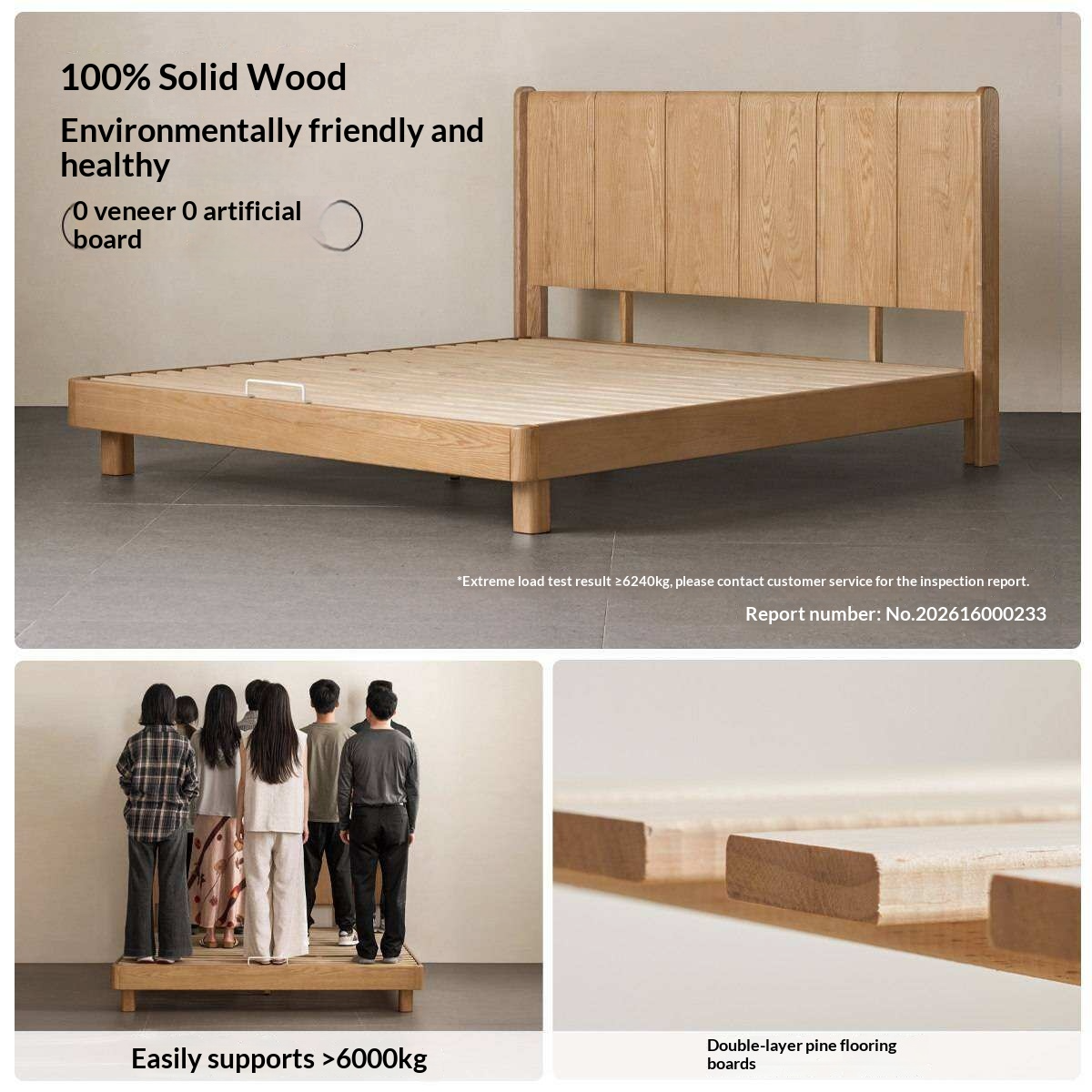 Ash Solid Wood Extra Tall Fluted Wood Headboard Platform Bed