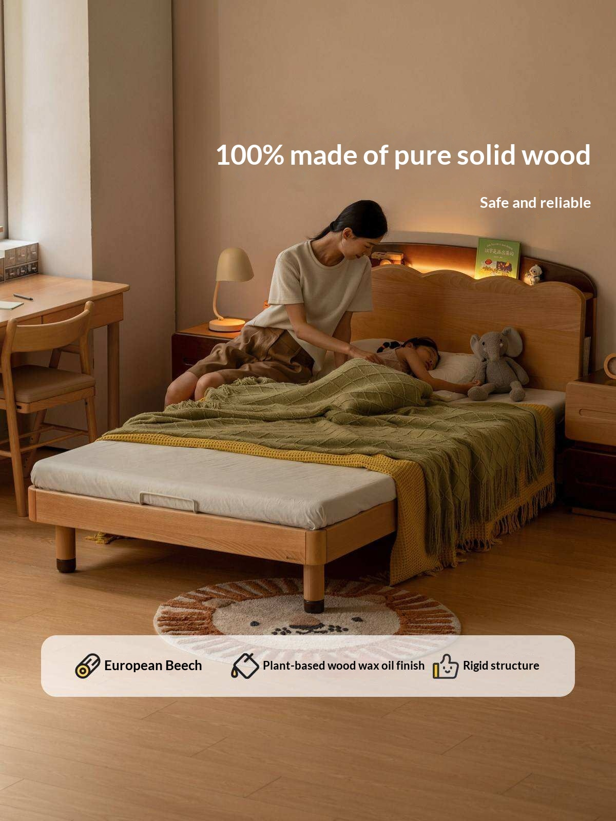 Beech Solid Wood Kids Bed with Scalloped Headboard and Hidden Storage