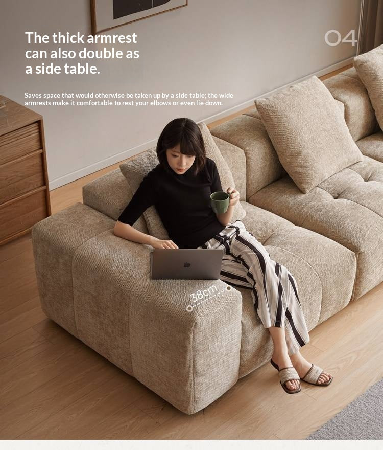 Pine Solid Wood Modular Sectional Sofa in Chenille Faux Linen with Feather-Filled Cushions, Chaise and Ottoman Options