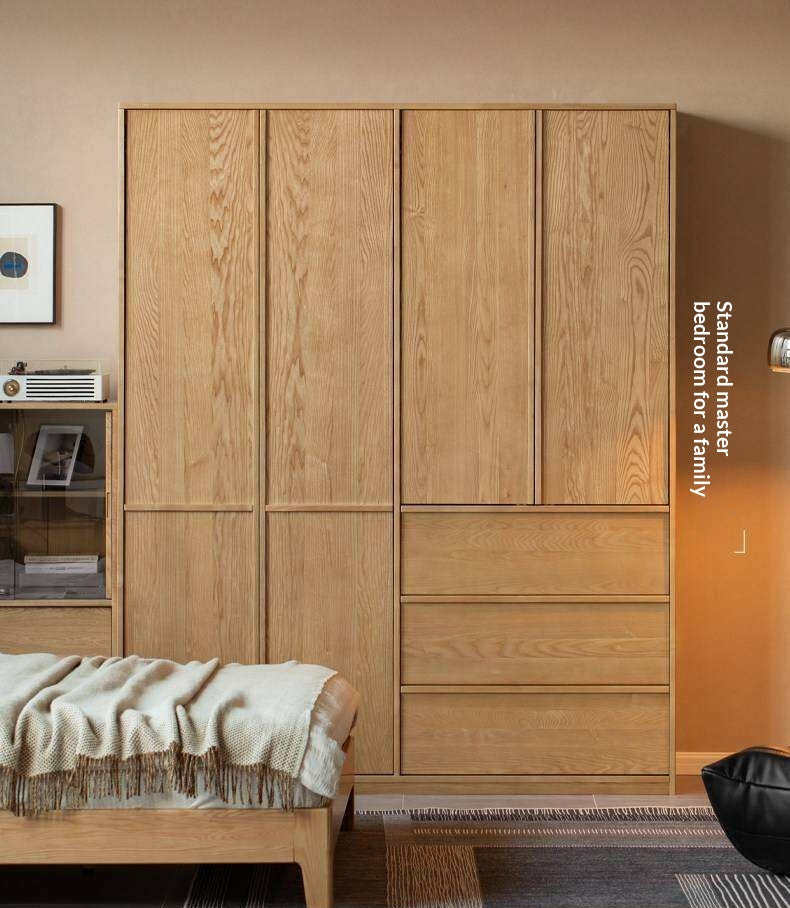 Ash Solid Wood Wardrobe with Minimalist Design and Storage Space