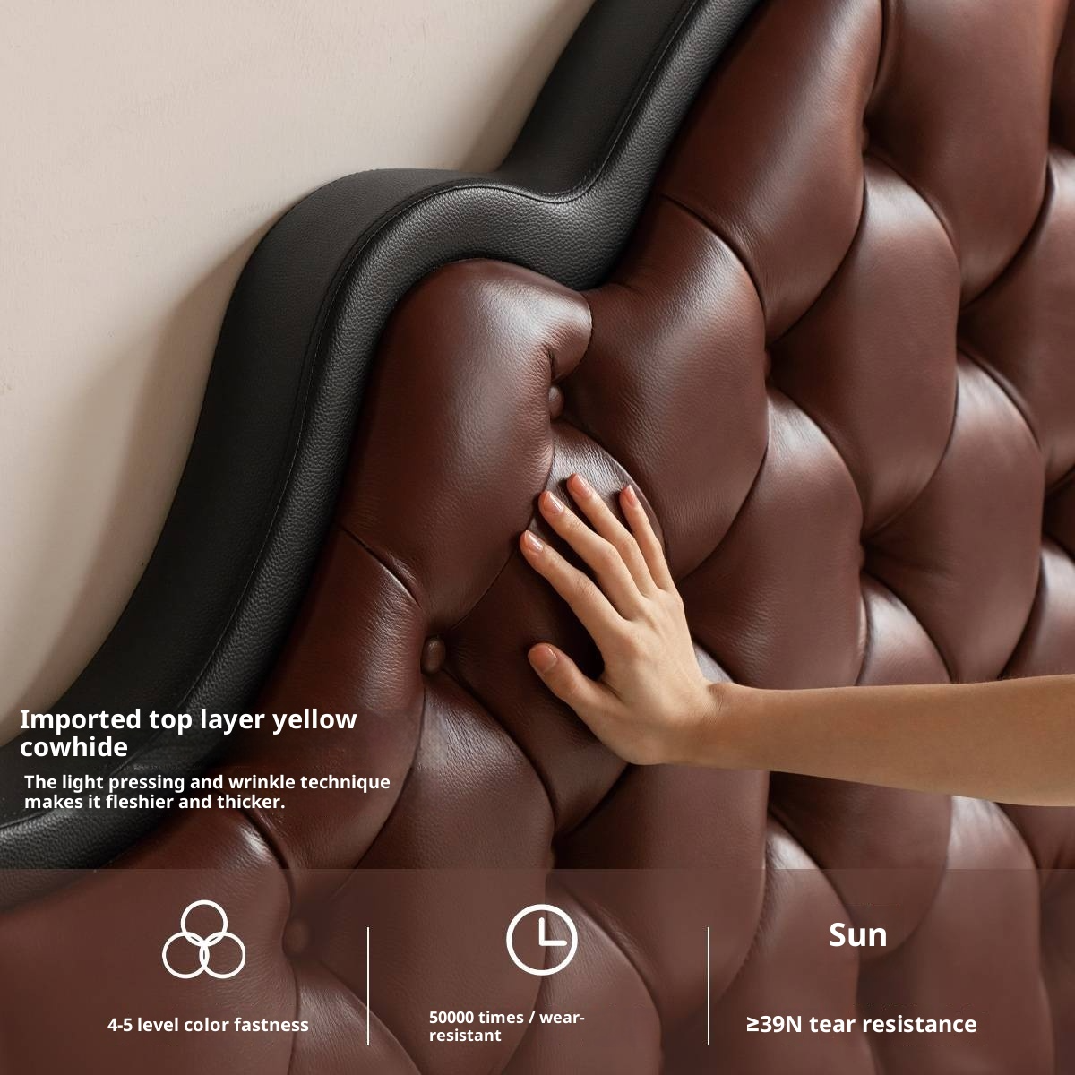 Genuine Leather Elegant Soft Backrest Bed, French Retro