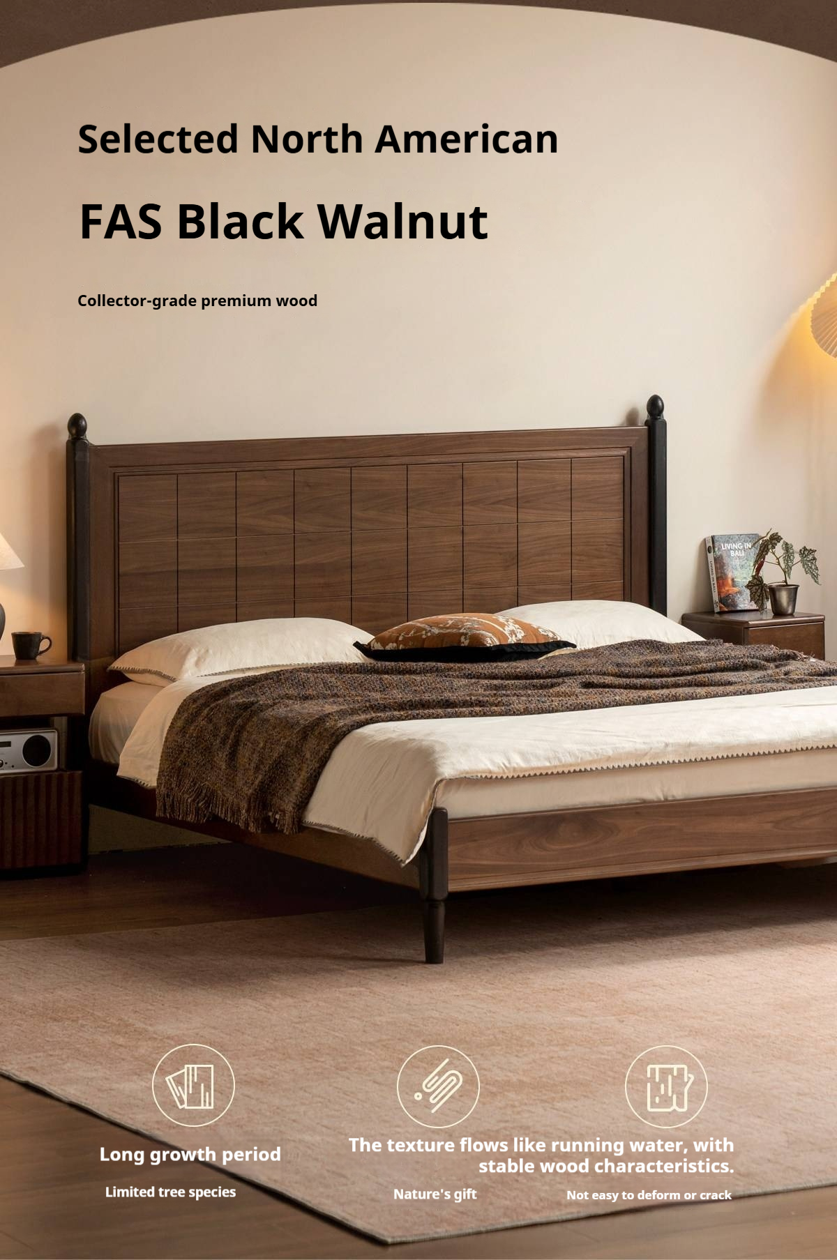 Black Walnut Solid Wood Four Poster Bed with Grid Panel Headboard