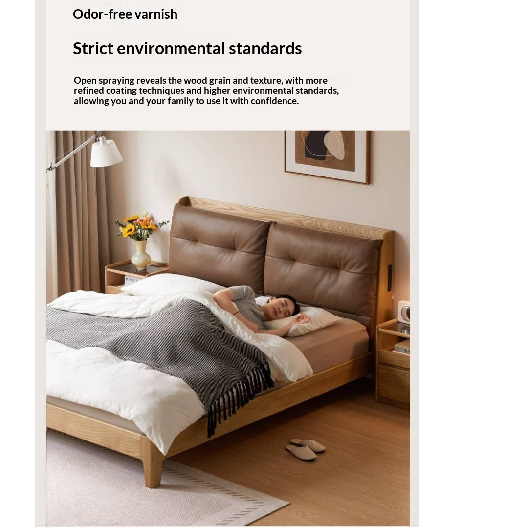 Ash Solid Wood Modern Leather Tufted Platform Bed with USB Charging Port