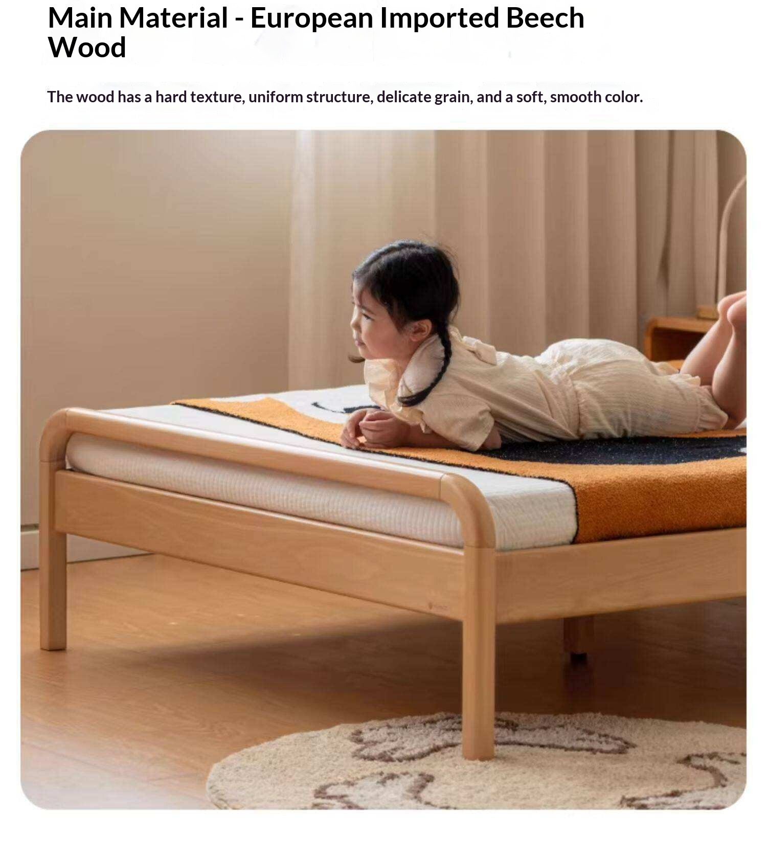 Beech Solid Wood Kids Bed with Adjustable Height and Rounded Corner Headboard
