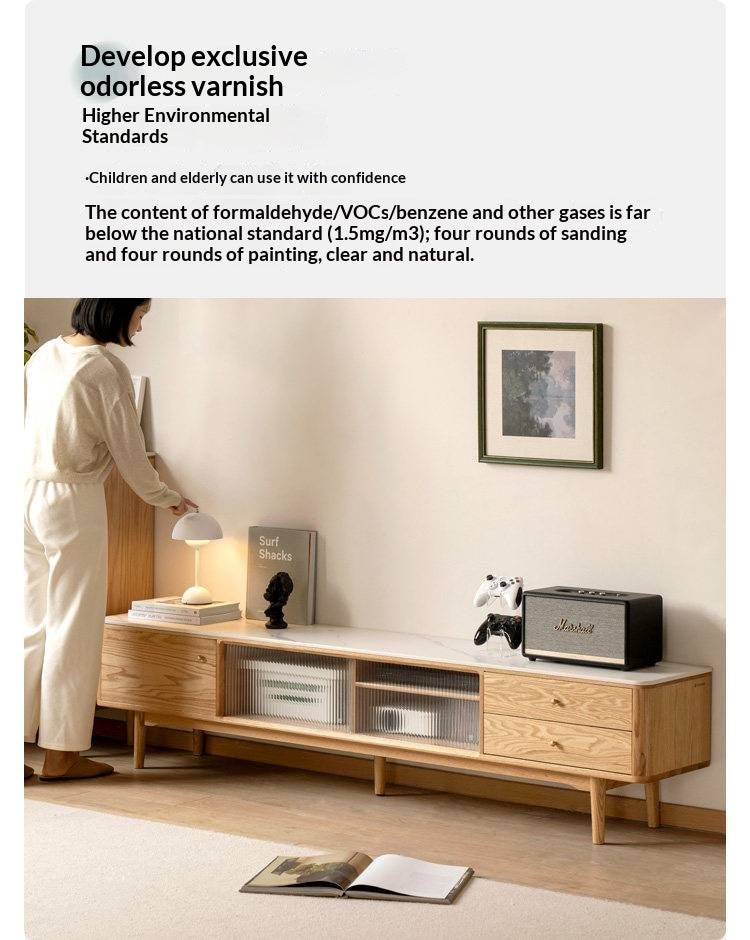 Oak, Poplar, Beech Solid Wood Sliding Door TV Stand With Rock Slab Surface.