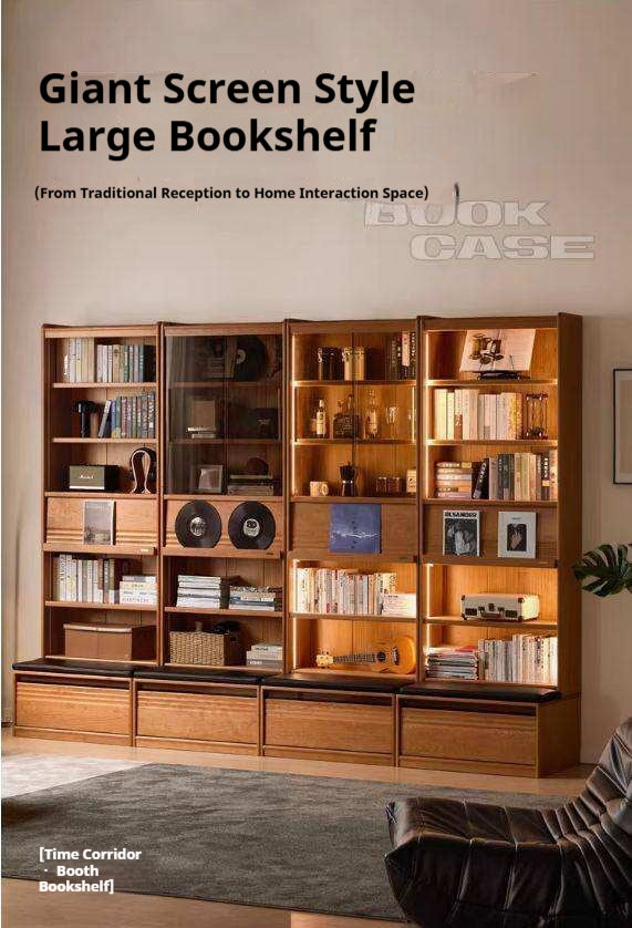 Cherry Solid Wood Bookcase with Wall Integration and Floor Storage Cabinet