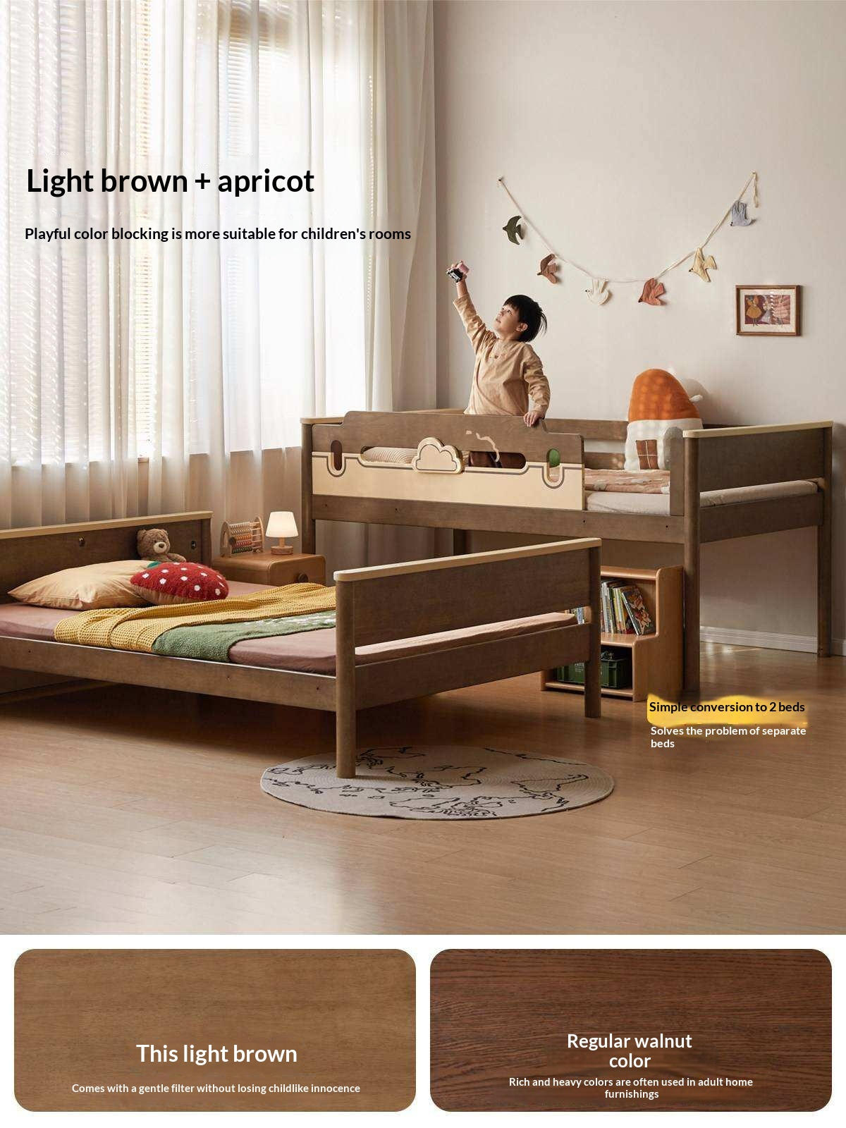 Rubberwood Solid Wood Castle-Inspired Bunk Bed with Cloud Cutout Guardrail