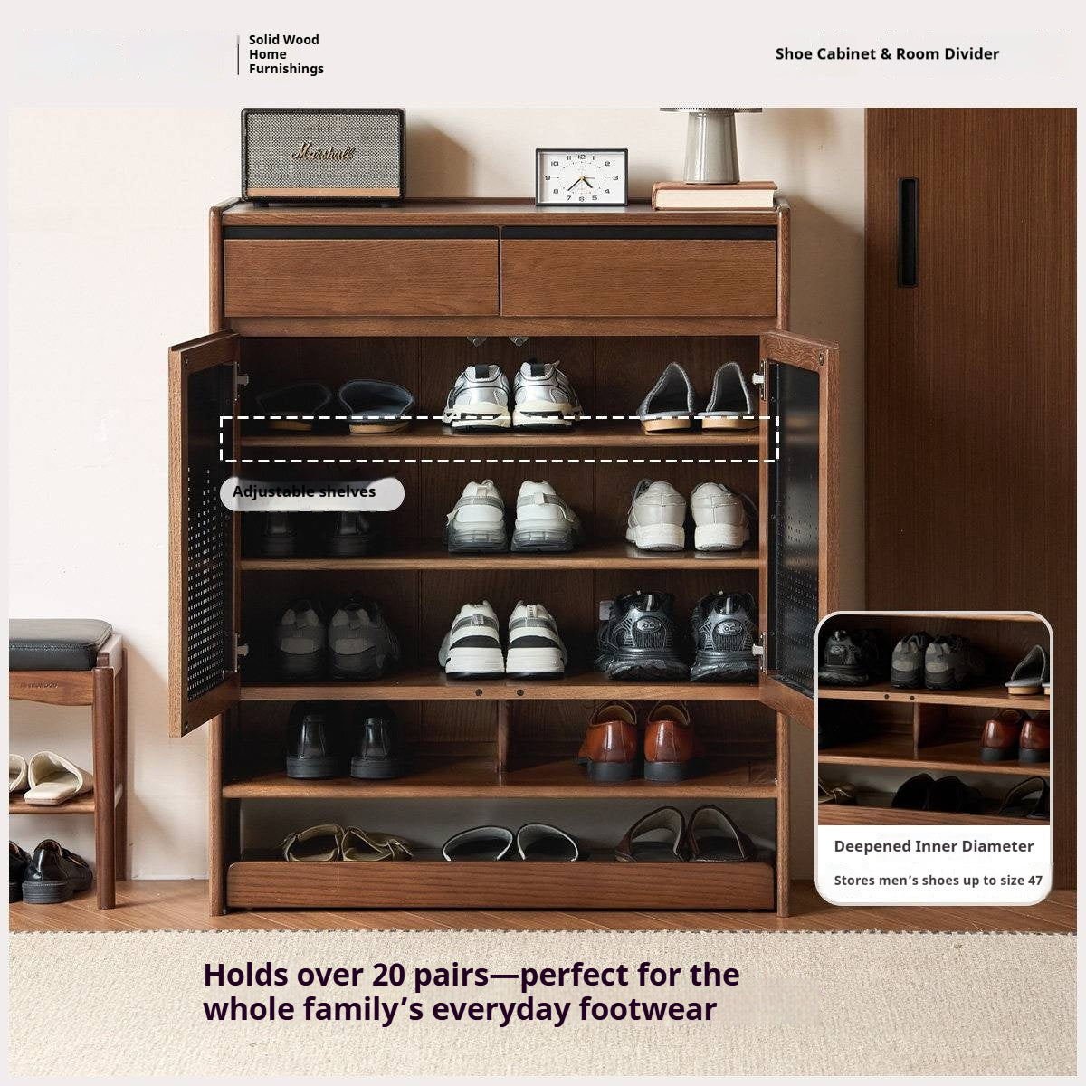 Oak Solid Wood Shoe Cabinet with Flip-Top Compartment and Perforated Metal Door