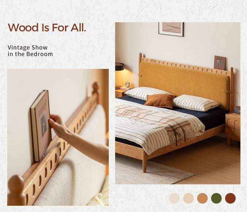 Cherry Solid Wood Double Bed with Vintage Style and Leather Upholstered Headboard