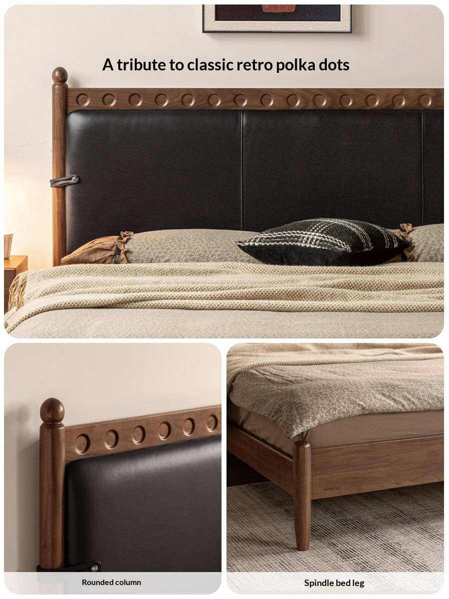 Black Walnut Solid Wood Bed — French Retro Style with Soft Backrest and Genuine Leather Upholstery