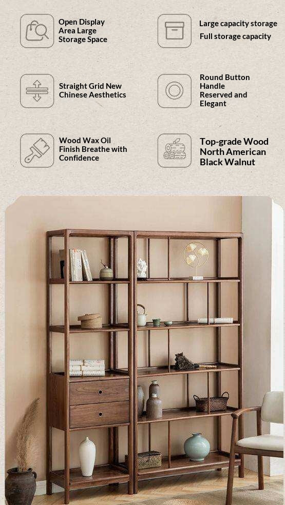 Black Walnut, Ash Solid Wood Bookshelf Combined Bookcase Display Cabinet Wall Shelf