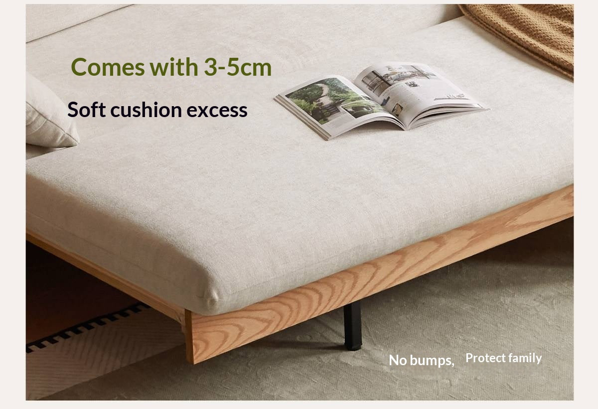 Oak Solid Wood Tufted Sofa Bed with Wood Frame and Side Storage Pocket