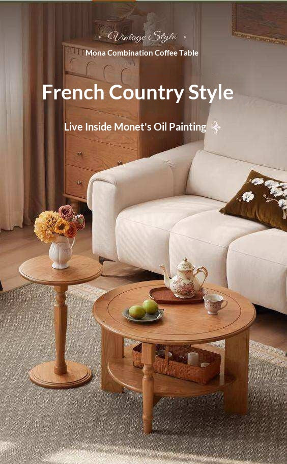 Cherry Solid Wood Coffee Table with French Retro Design