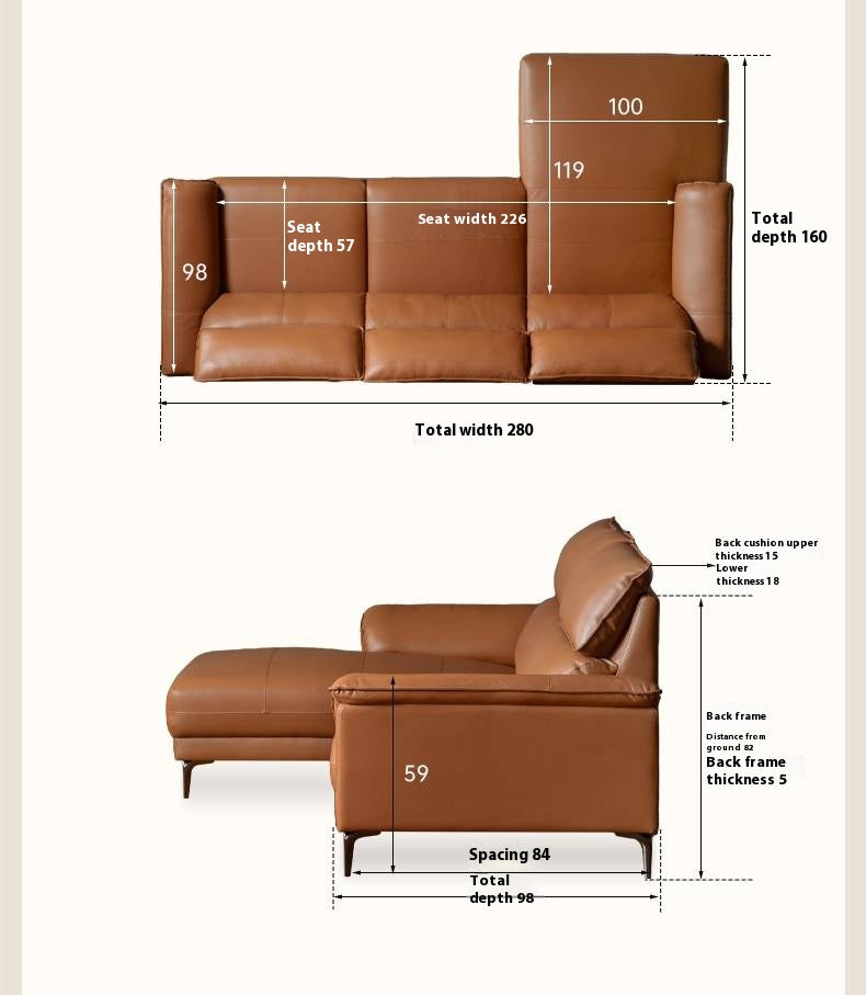 Genuine Leather Italian Minimalist Sectional Sofa – First-Layer Cowhide Corner Sofa with Chaise Lounge
