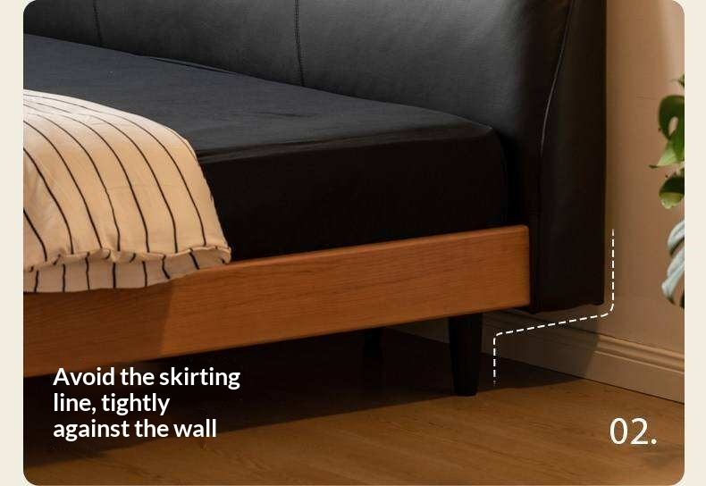 Cherry Solid Wood Genuine Leather Curved Upholstered Headboard Platform Bed