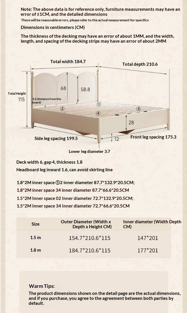 Rubberwood Solid Wood Bed with White Cream Style Large Box Frame