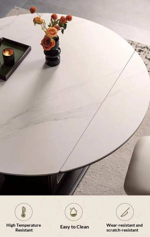 Rubberwood Solid Round Extendable Pedestal Dining Table with Stone Top and Storage Base