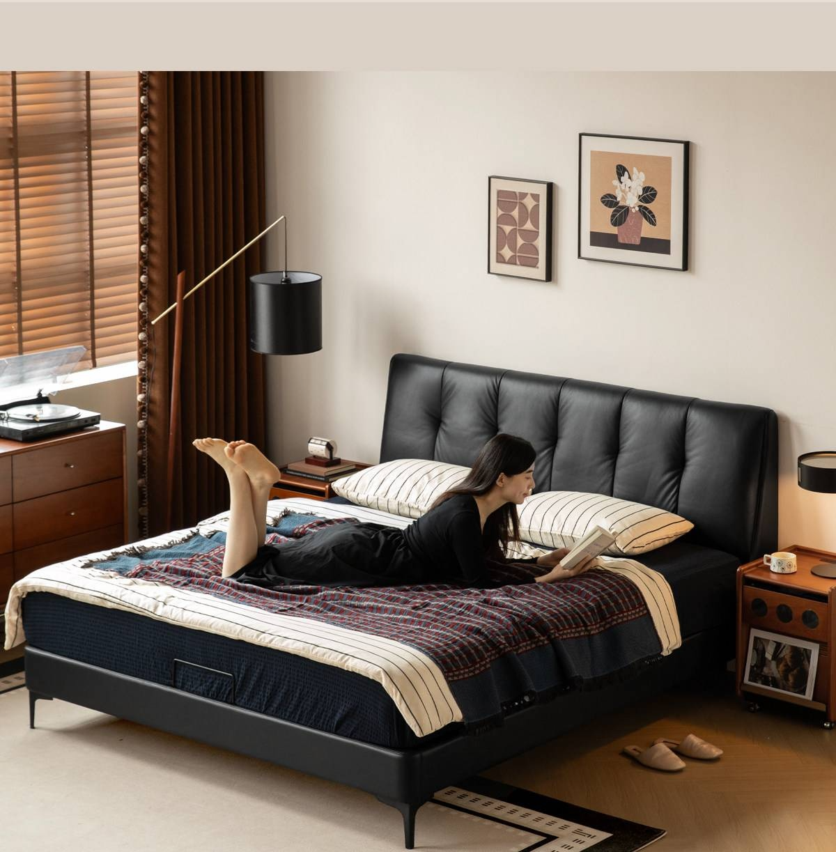 Genuine Leather Storage Bed with Tufted Headboard and Drawers
