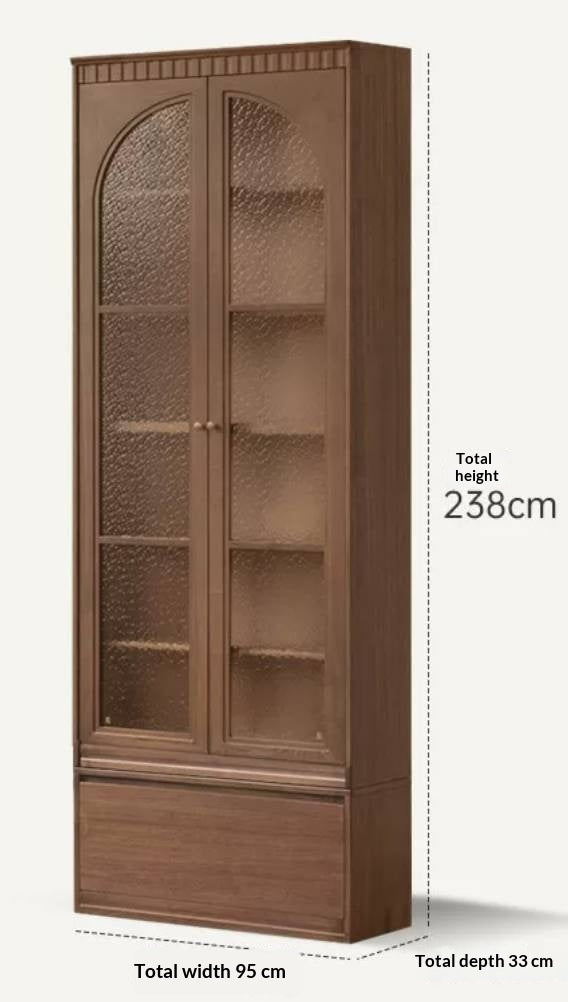 Black Walnut, Solid Sandalwood Arched Vintage Bookcase with Glass Door and Storage Drawer