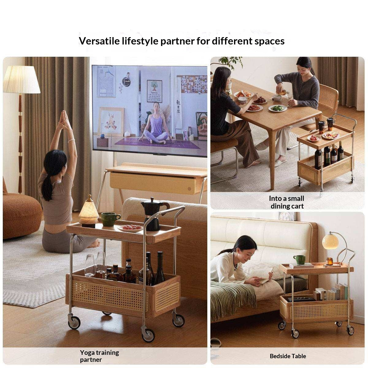 Oak Solid Wood Side Table with Double Layer Storage and Rattan Accents, Mobile