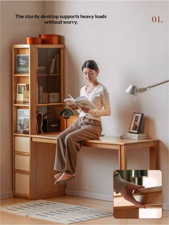 Cherry Solid Wood Office Desk with Integrated Bookshelf