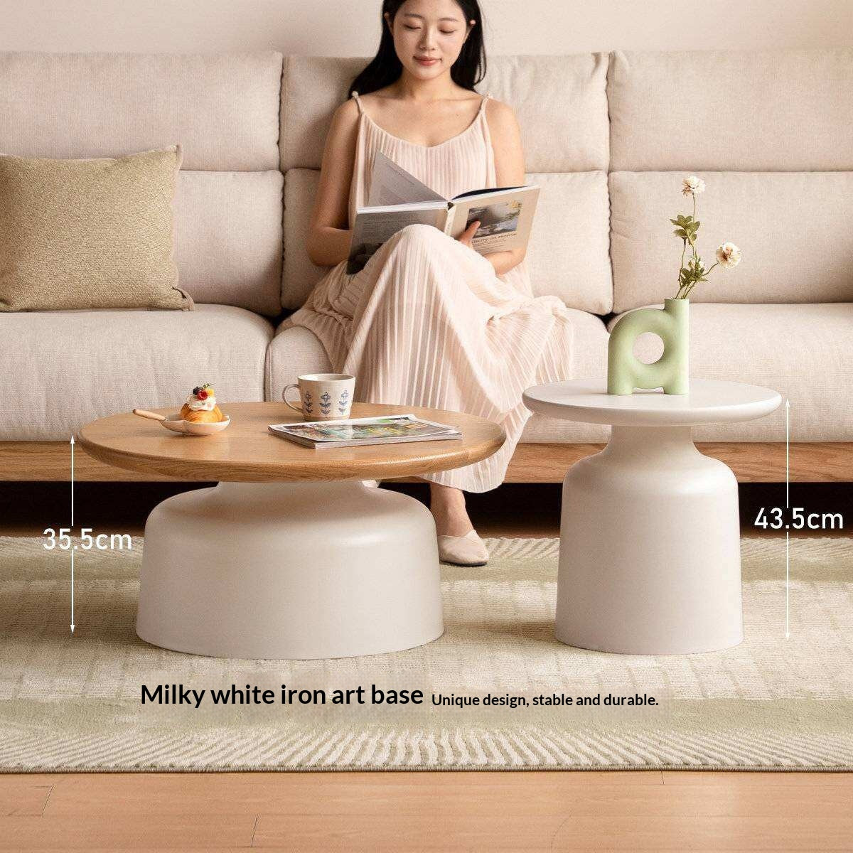 Oak Solid Wood, Solid RubberWood Round Nesting Coffee Tables, Modern Cream Style