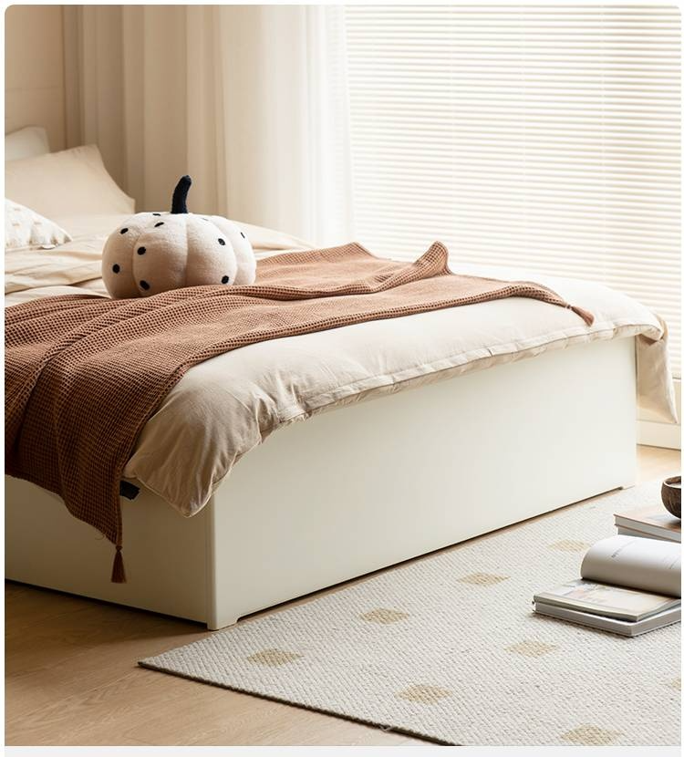 Rubberwood Solid Wood Platform Bed, Headboard-Free Box Bed Cream Style