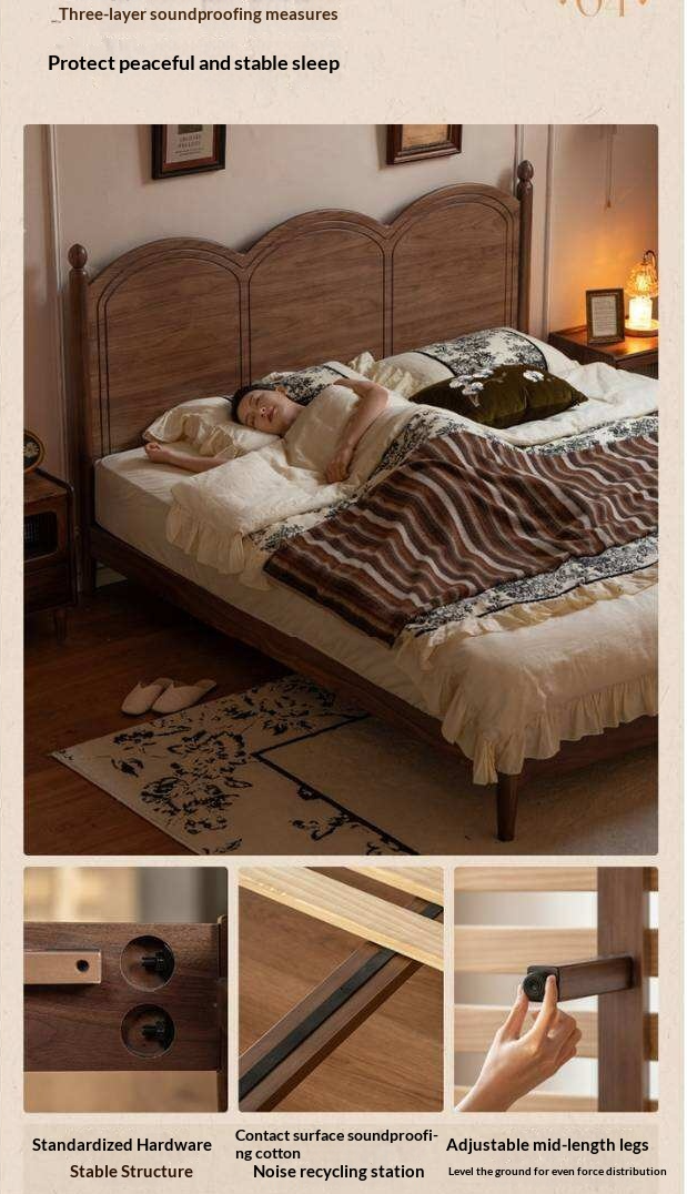 Black Walnut Solid Wood Bed with Arched French Country Headboard and Spindle Legs