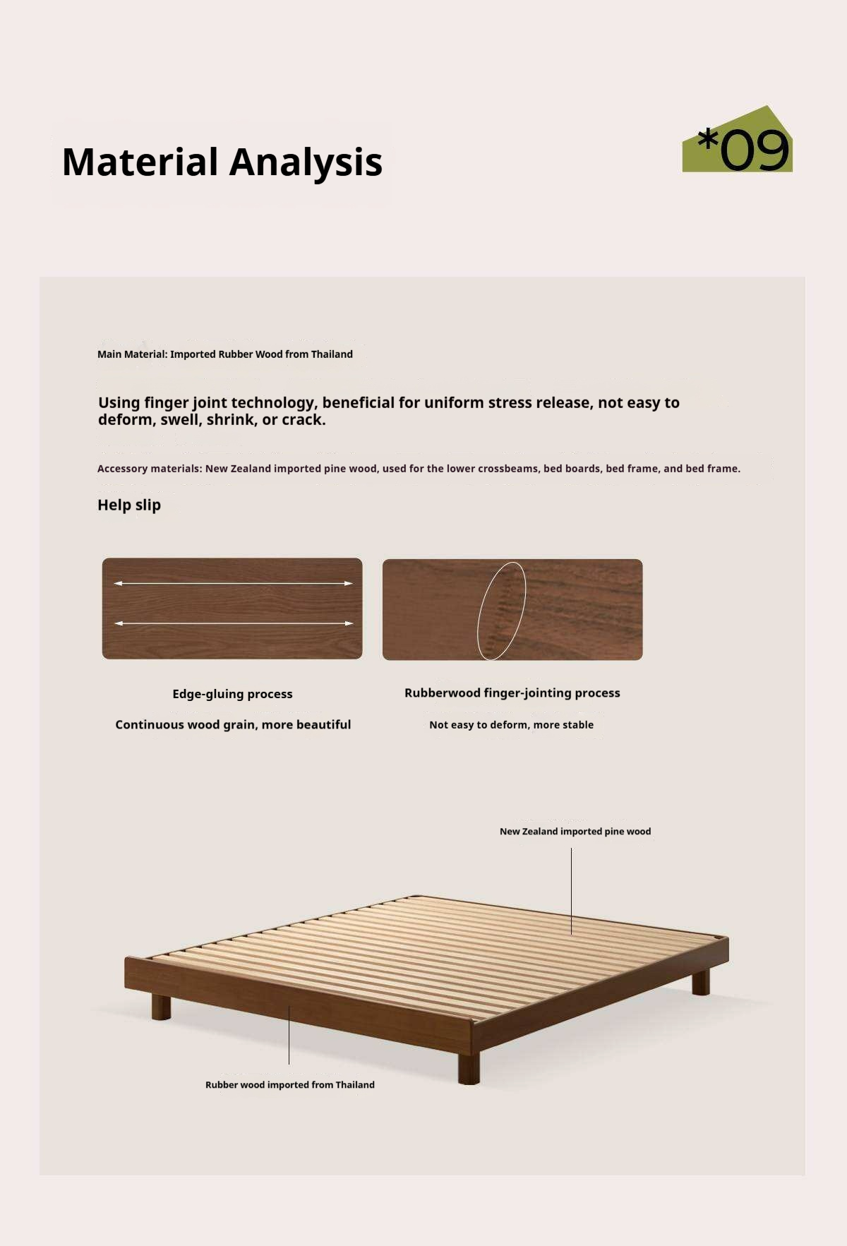 Rubberwood Solid Wood Modern Low Platform Bed Without Headboard