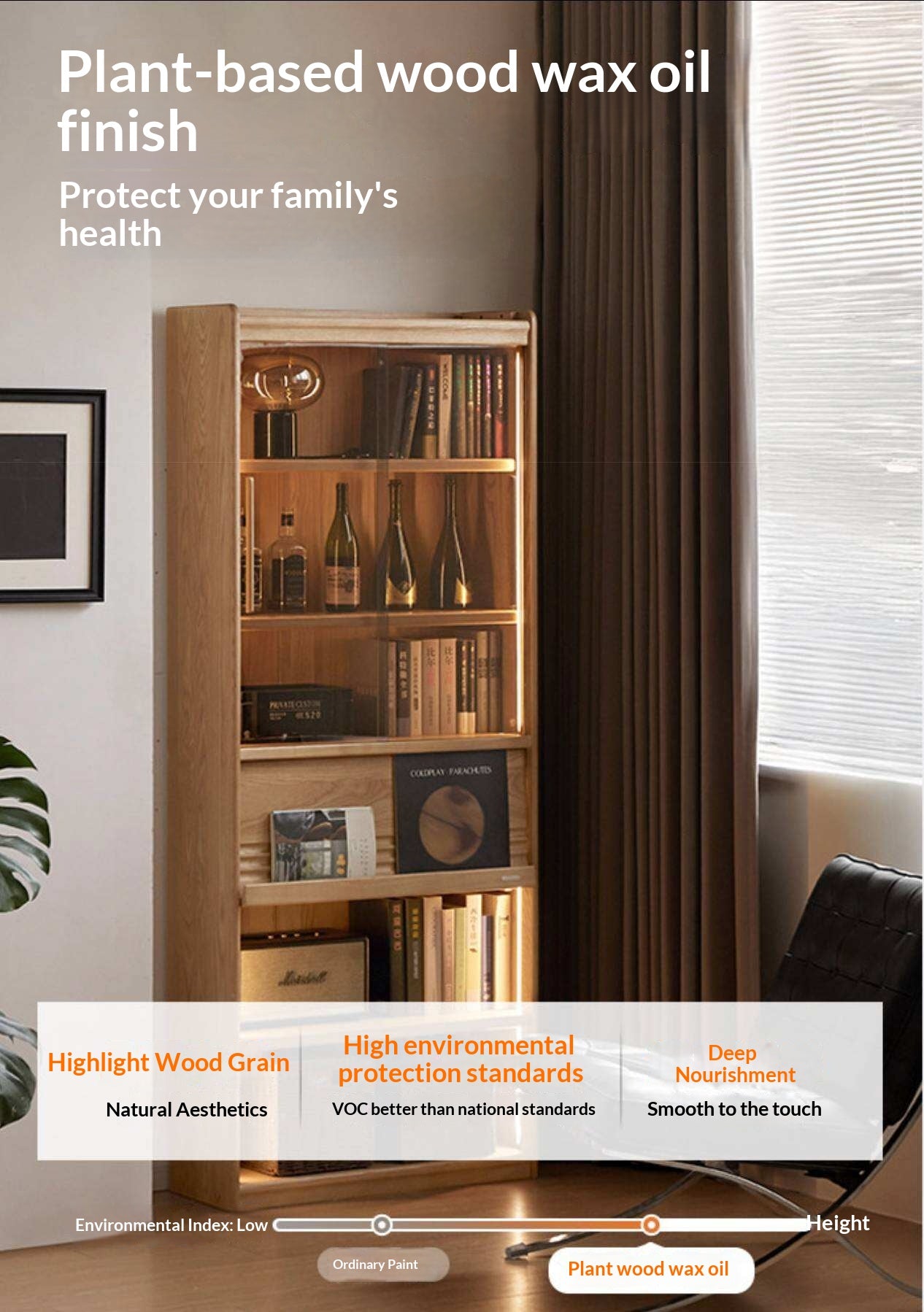 Oak Solid Wood Display Bookcase with Wall-Mounted Option and Storage Cabinet