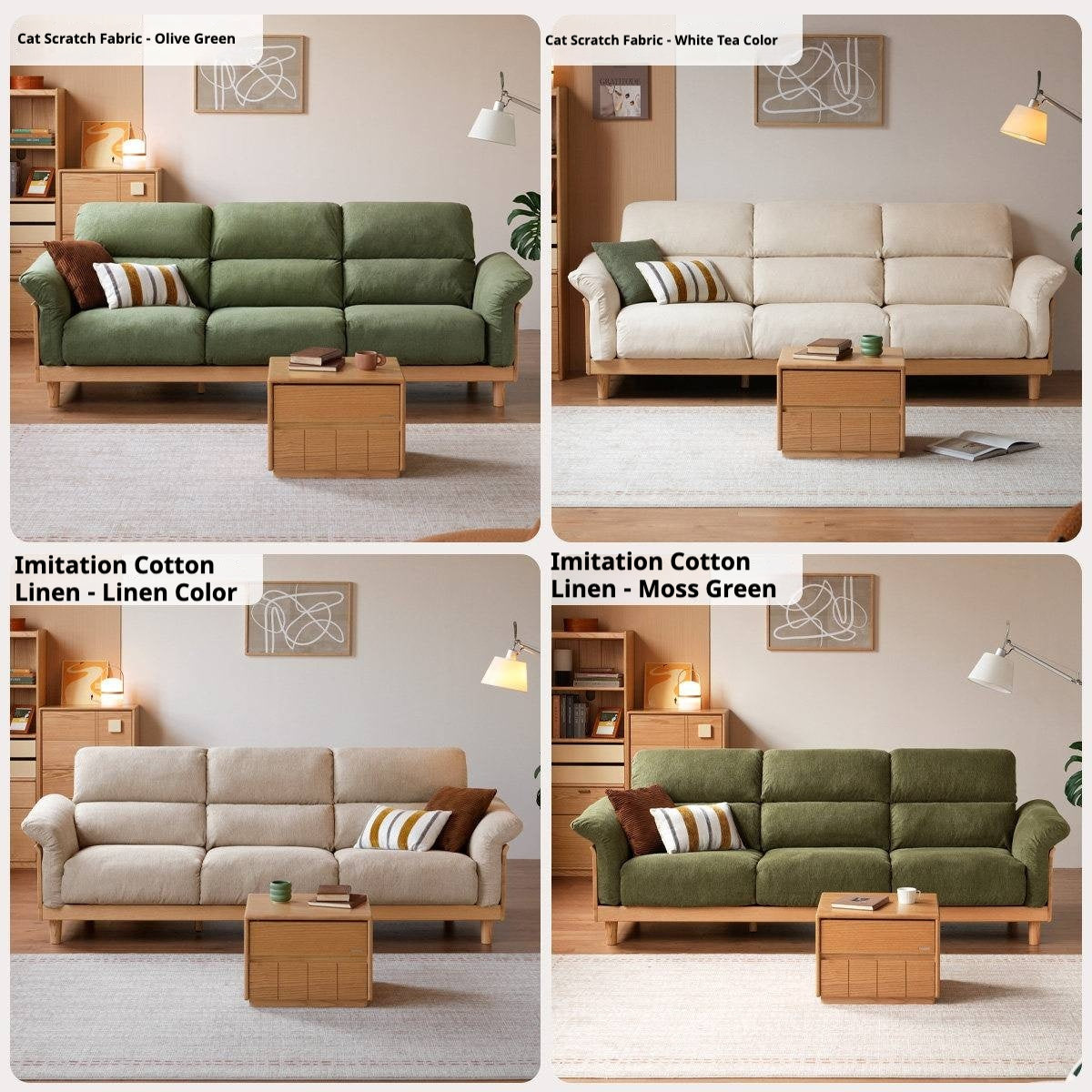 Oak Solid Wood Fabric Sofa, Couch with High Back Cushions, Durable Pet-Friendly Upholstery