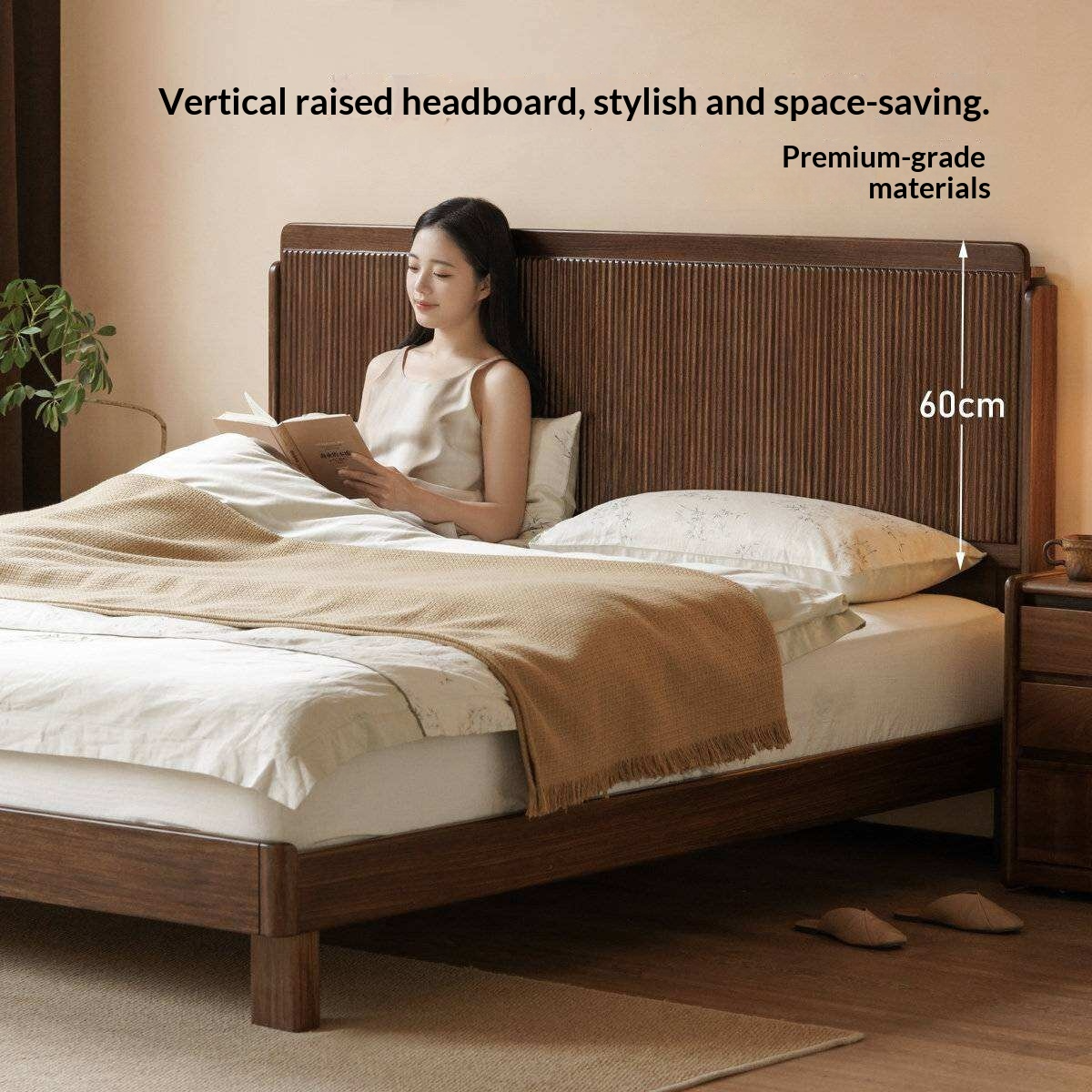 Ebony Solid Wood Bed with Vertical Fluted Panel Headboard and Block Legs