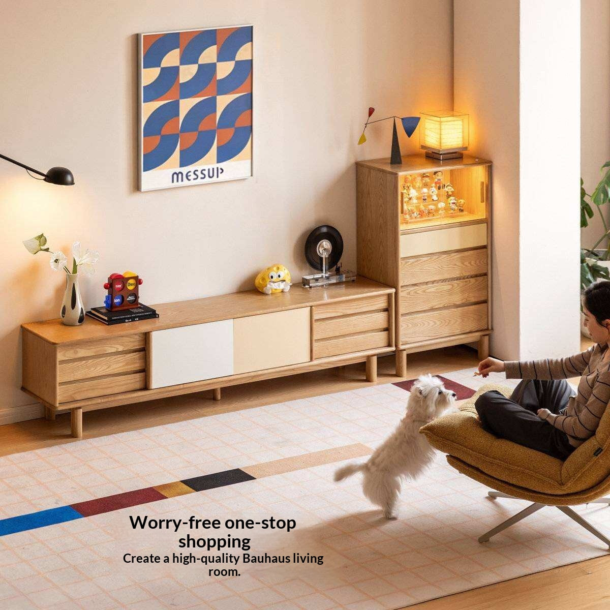 Ash Solid Wood TV Cabinet with Color Block Storage Design