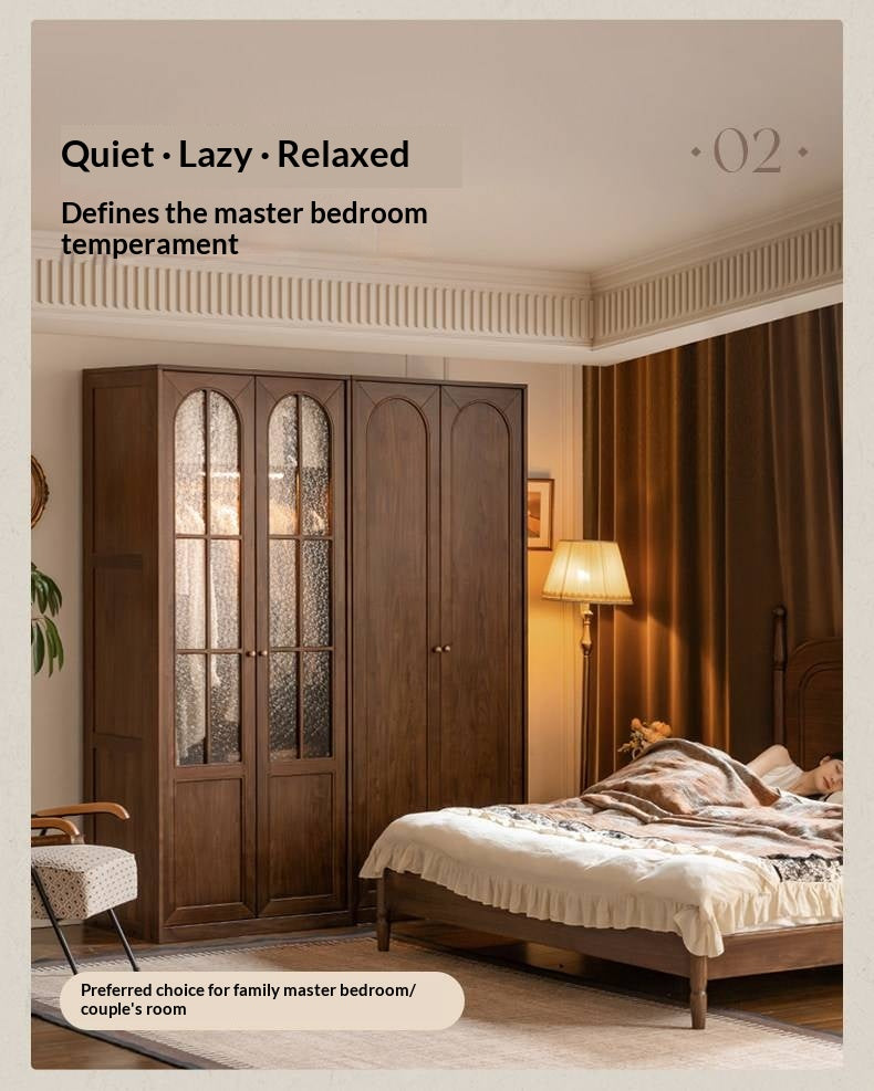 Black Walnut Solid Wood Wardrobe with French Retro Style and Double Doors