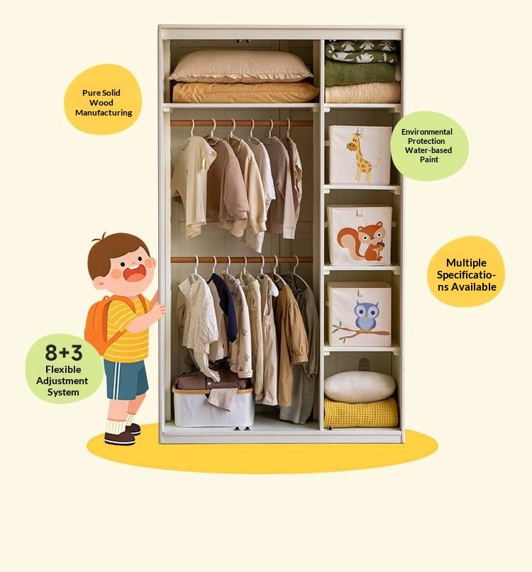 Solid RubberWood Kids Modular Wardrobe Closet with Multi-Size Storage Options