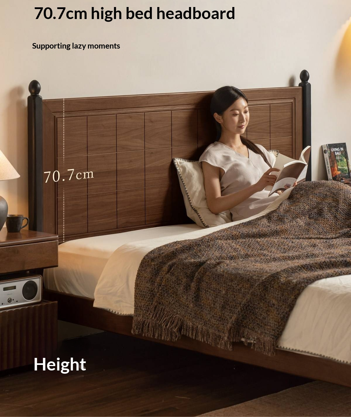Black Walnut Solid Wood Four Poster Bed with Grid Panel Headboard