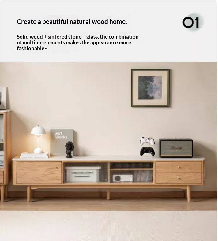 Oak, Poplar, Beech Solid Wood Sliding Door TV Stand With Rock Slab Surface.